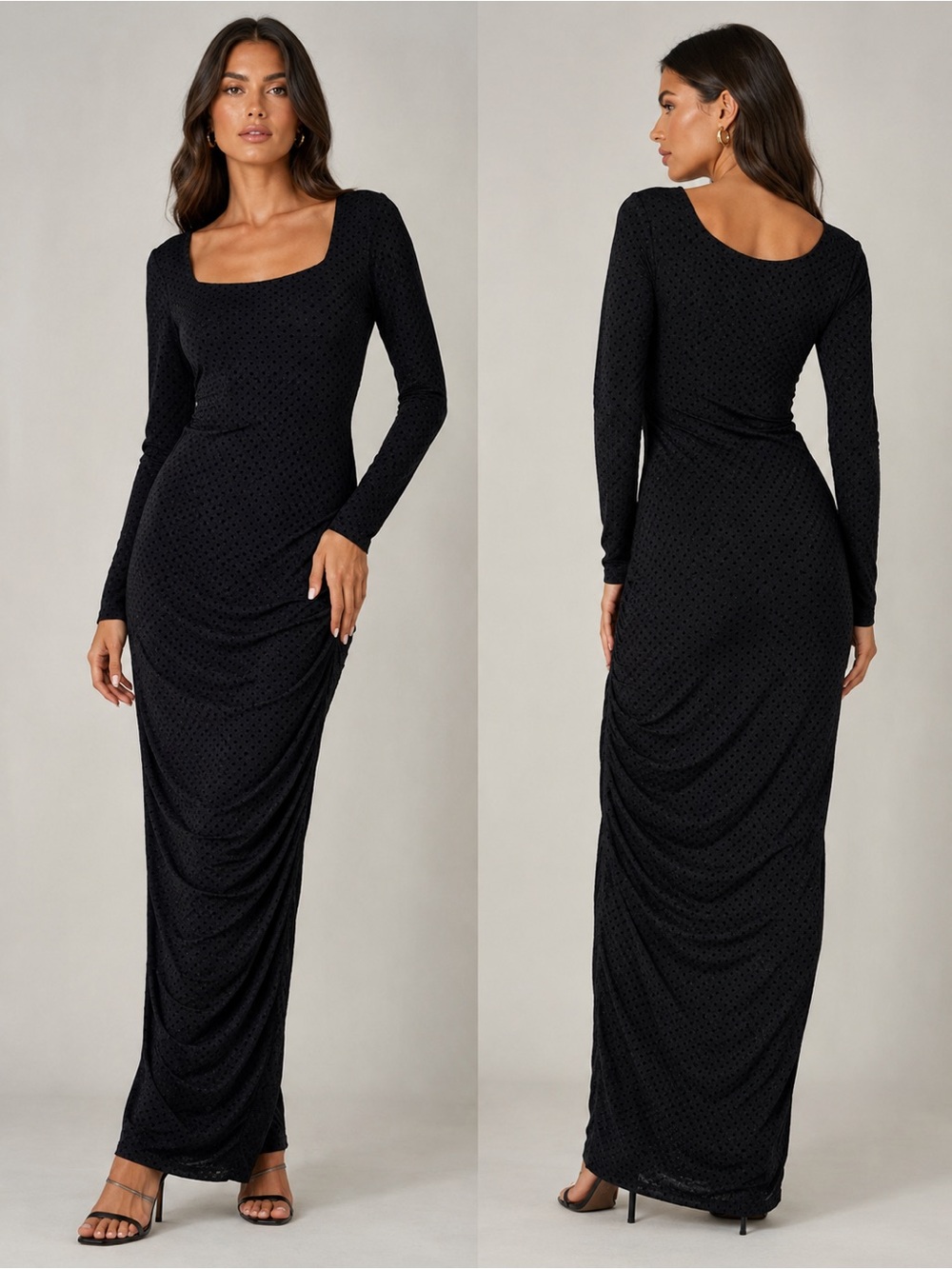 Sculpted Black Long-Sleeve Maxi Dress with Square Neck